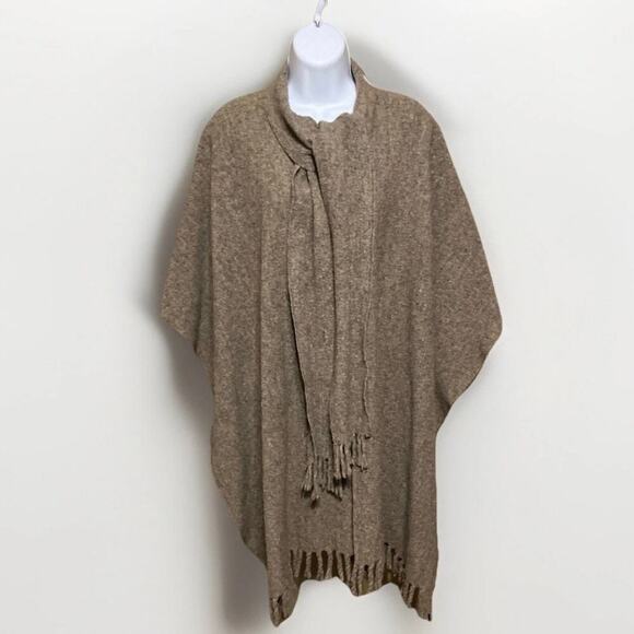 Vtg Beige Wool Blanket Poncho/Cape Fringe Attached Scarf OS Boho 60 70s Handmade - Picture 3 of 7